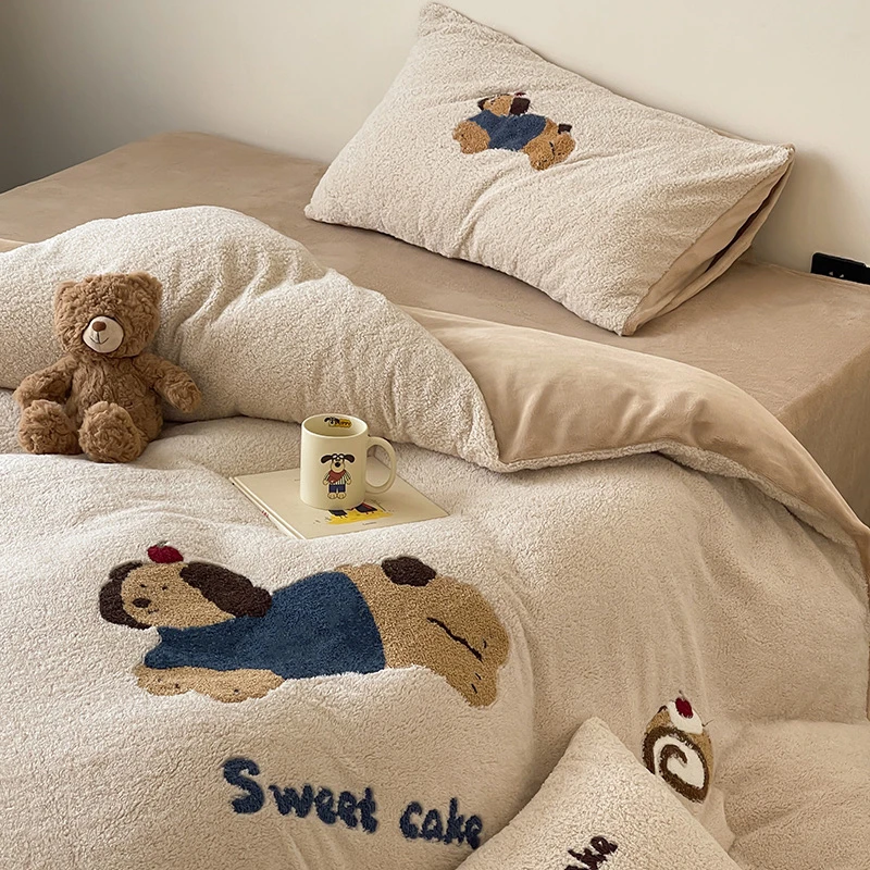 小温暖 蛋糕狗狗 高克重泰迪绒四件套 卡通秋冬四件套