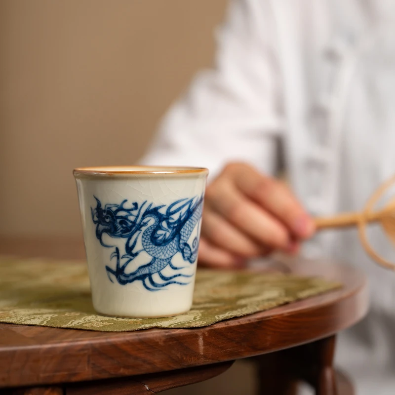 元青花米黄汝窑龙纹主人杯单杯陶瓷茶杯功夫茶具家用仿古品茗杯子
