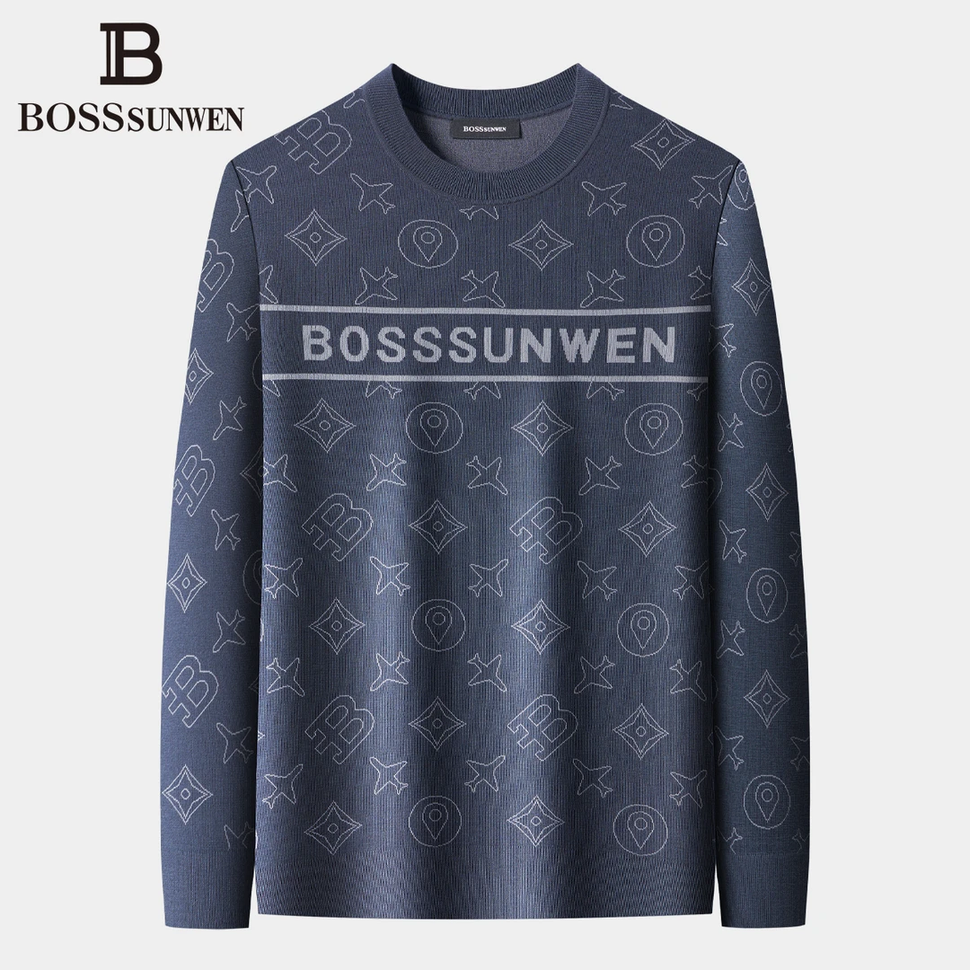 【23新款】博斯绅威男秋冬休闲针织长袖套头衫圆领印花时尚羊毛衫