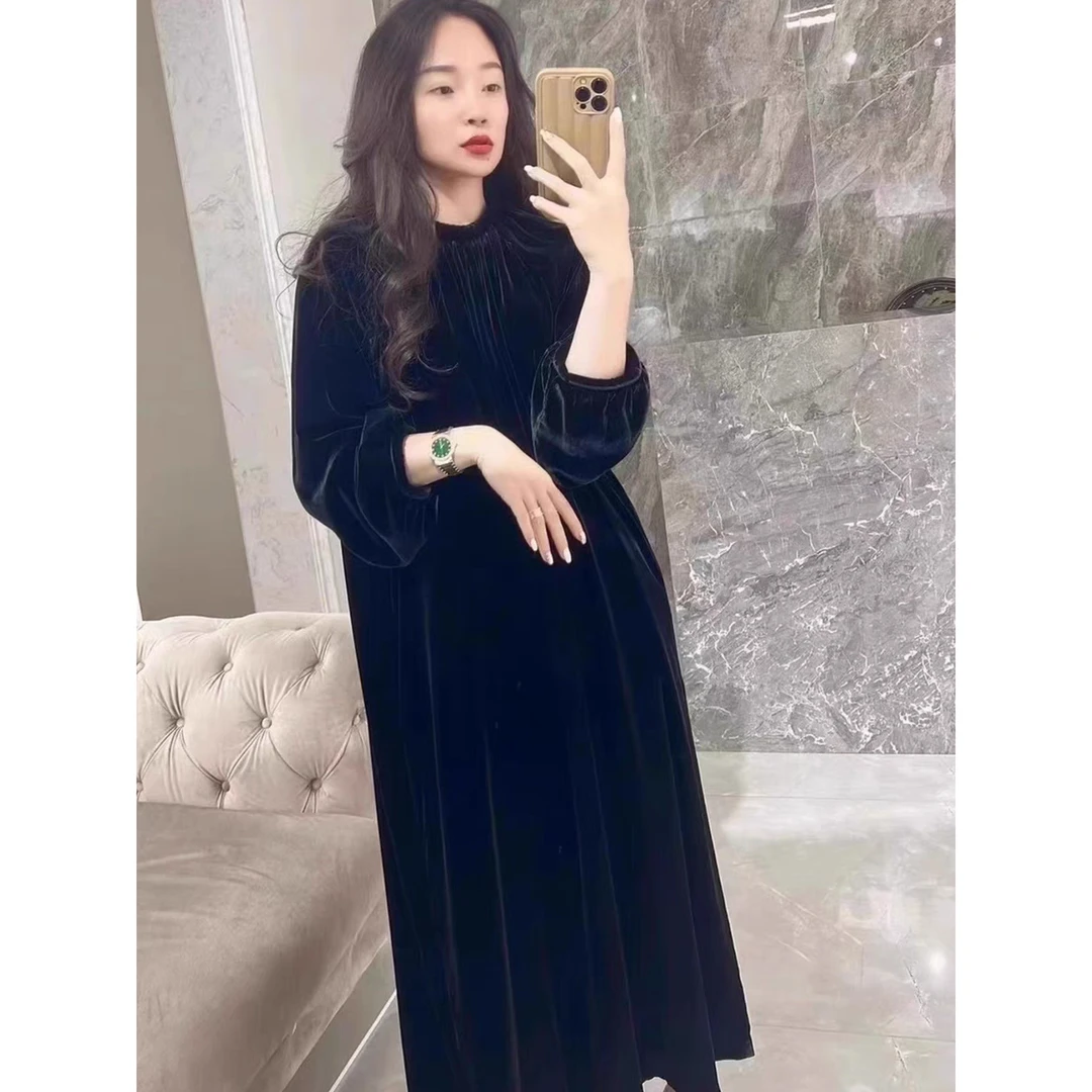 高端真丝丝绒连衣裙秋季新款圆领宽松气质优雅高级感中长裙显瘦