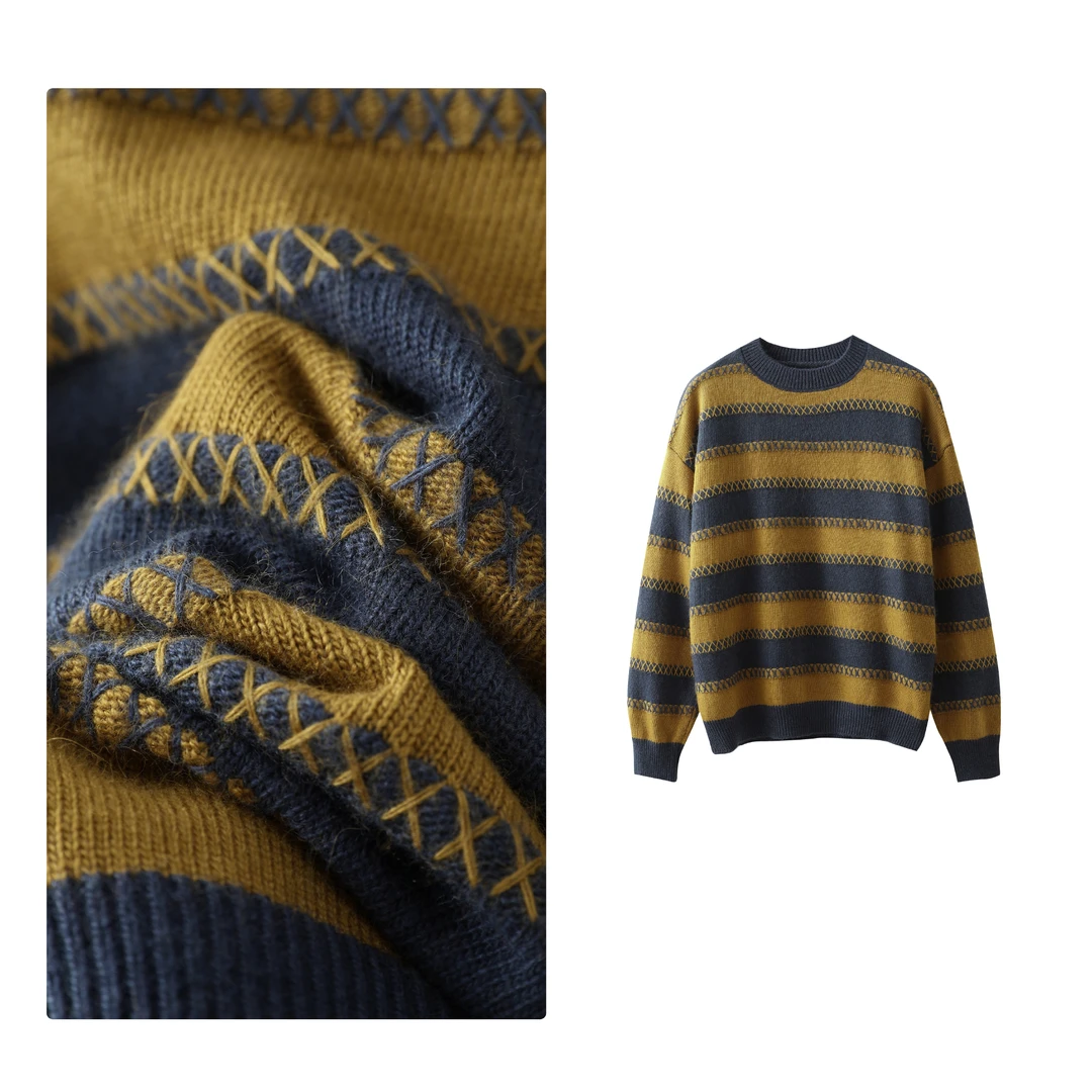 现货！门店17&9！篙阶感~兔毛绵羊毛条纹撞色针织上衣女 H00348