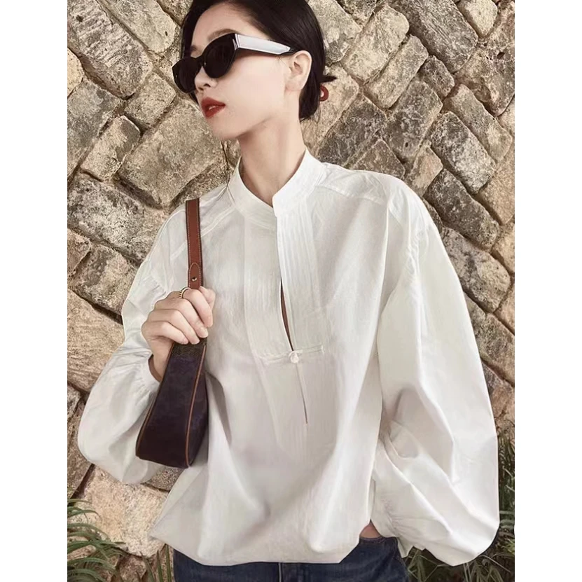 门店5&49！篙笈，简约不简单/新中式盘扣泡泡袖纯色长袖衬衫 L73023