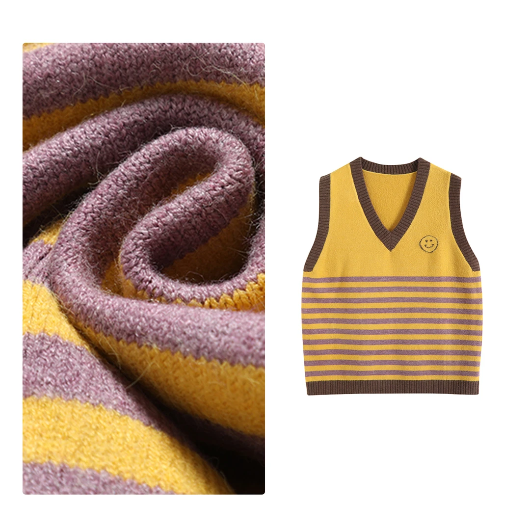 现货！门店21&9！条纹巨显瘦~绵羊毛V领撞色针织马甲女 H00429