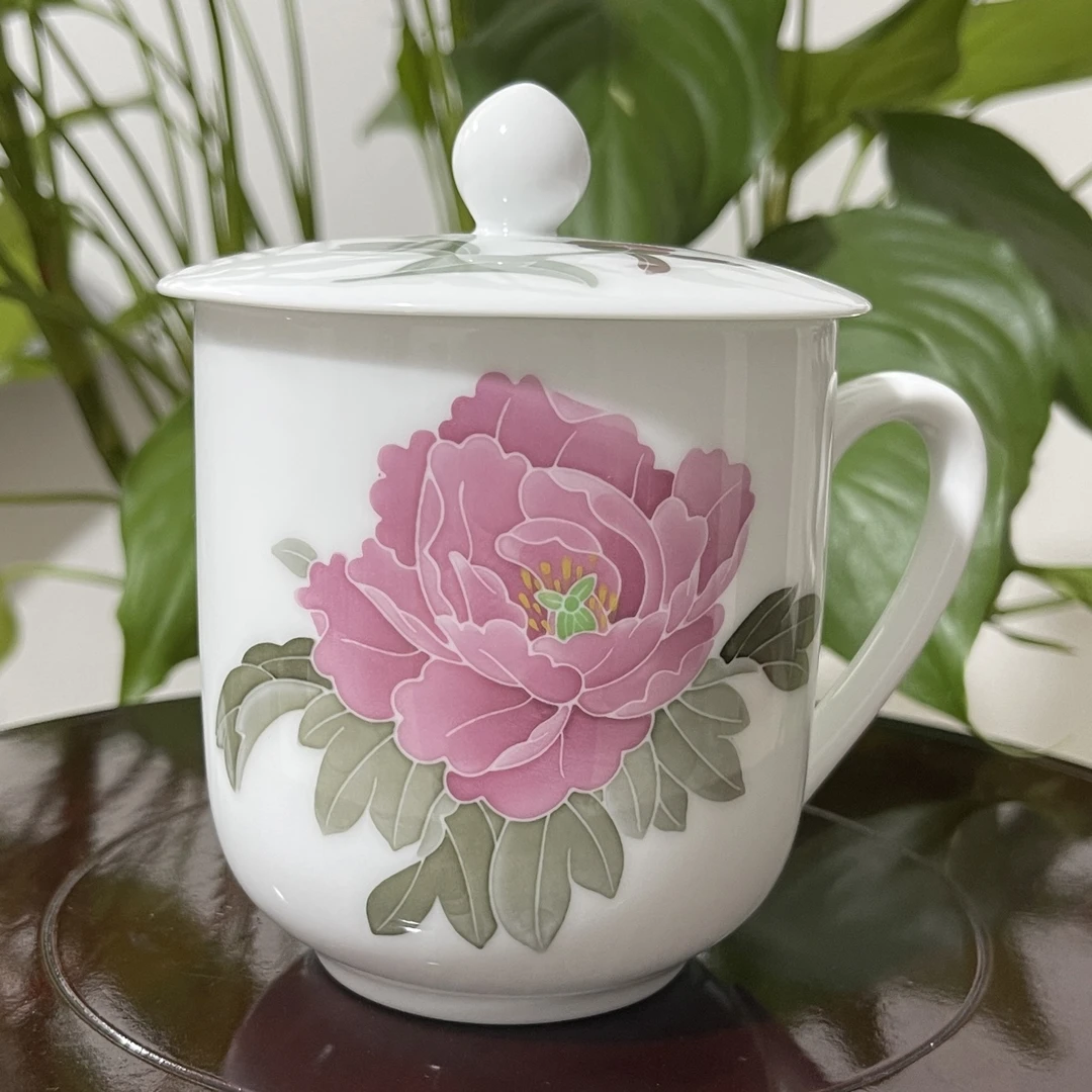 湖南醴陵釉下五彩瓷手绘红牡丹办公杯（薄胎一级品）