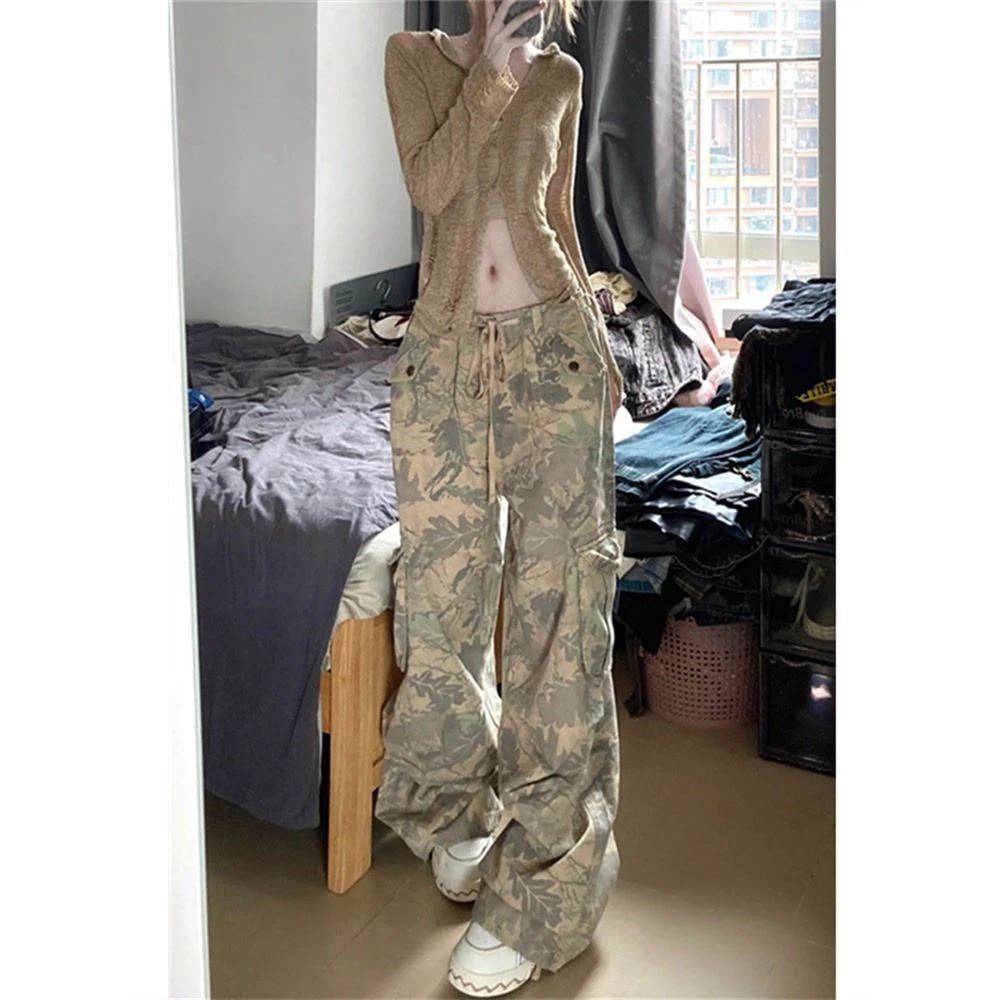 美式迷彩牛仔工装裤女夏季宽松阔腿裤束脚长裤嘻哈Hiphop直筒裤子