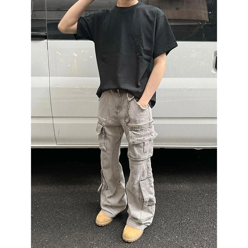 美式复古多口袋直筒牛仔裤男士潮牌高街宽松水洗灰色炮弹阔腿裤子