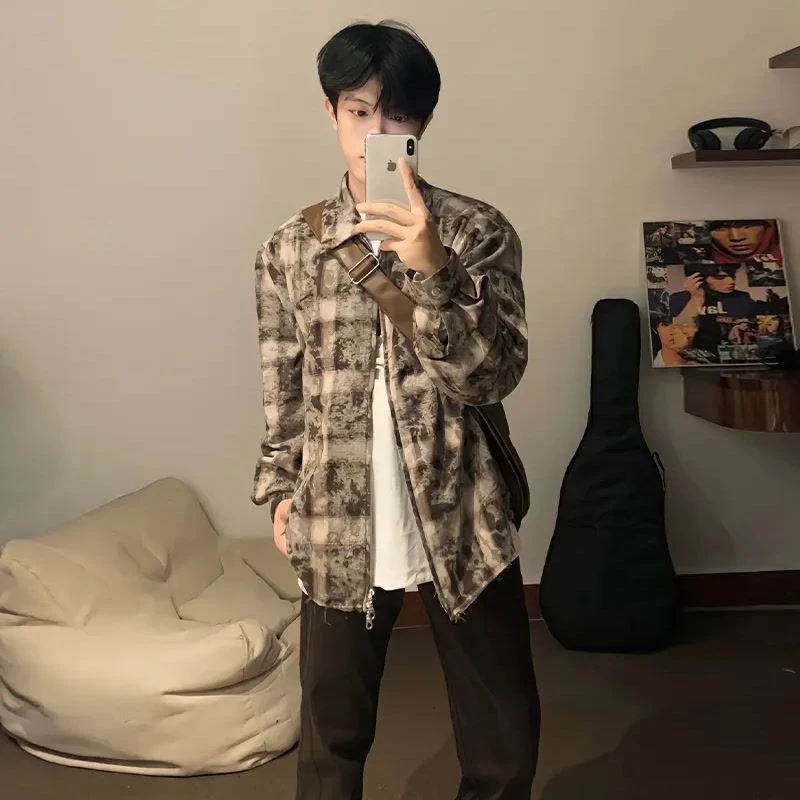 vintage美式复古格纹衬衫男春秋季cleanfit拉链长袖衬衣格子外套