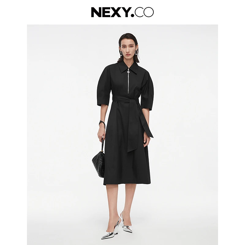 NEXY.CO/奈蔻连衣裙显瘦仙女裙休闲黑色收腰设计师XF05857W0