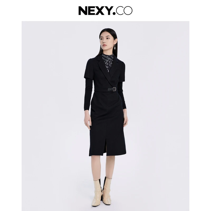 NEXY.CO/奈蔻连衣裙春夏新款时尚气质拼接优雅中长修身XF03761W0