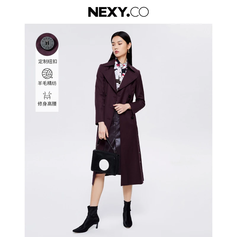 NEXY.CO/奈蔻羊毛气质经典风衣外套双排扣风衣长款XJ00300T7