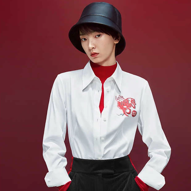 【晨粉专享价】商场同款龙白色通勤印花长袖衬衫女XE00545V0