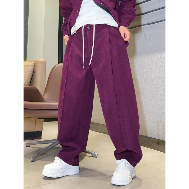 【语乐】7268单独裤子/冬季加厚休闲坑条纹衬衫褶位阔腿弯刀拖地裤