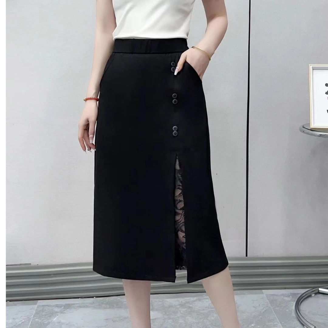 秋季纯色六粒扣开叉中长款气质蕾丝百搭宽松显瘦黑色半裙