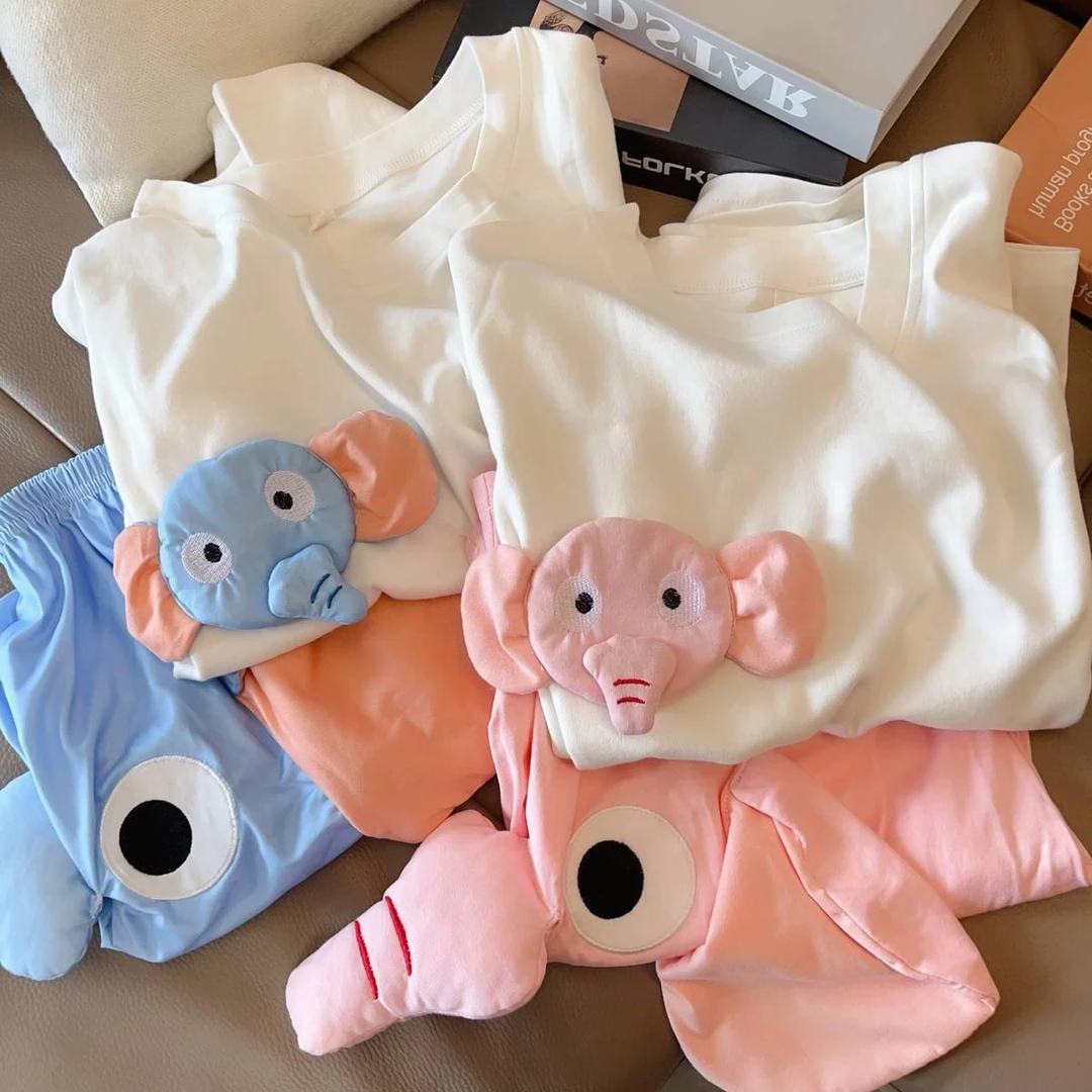 搞怪可爱大象睡裤情侣睡衣夏季短袖短裤薄款男女网红风家居服睡衣