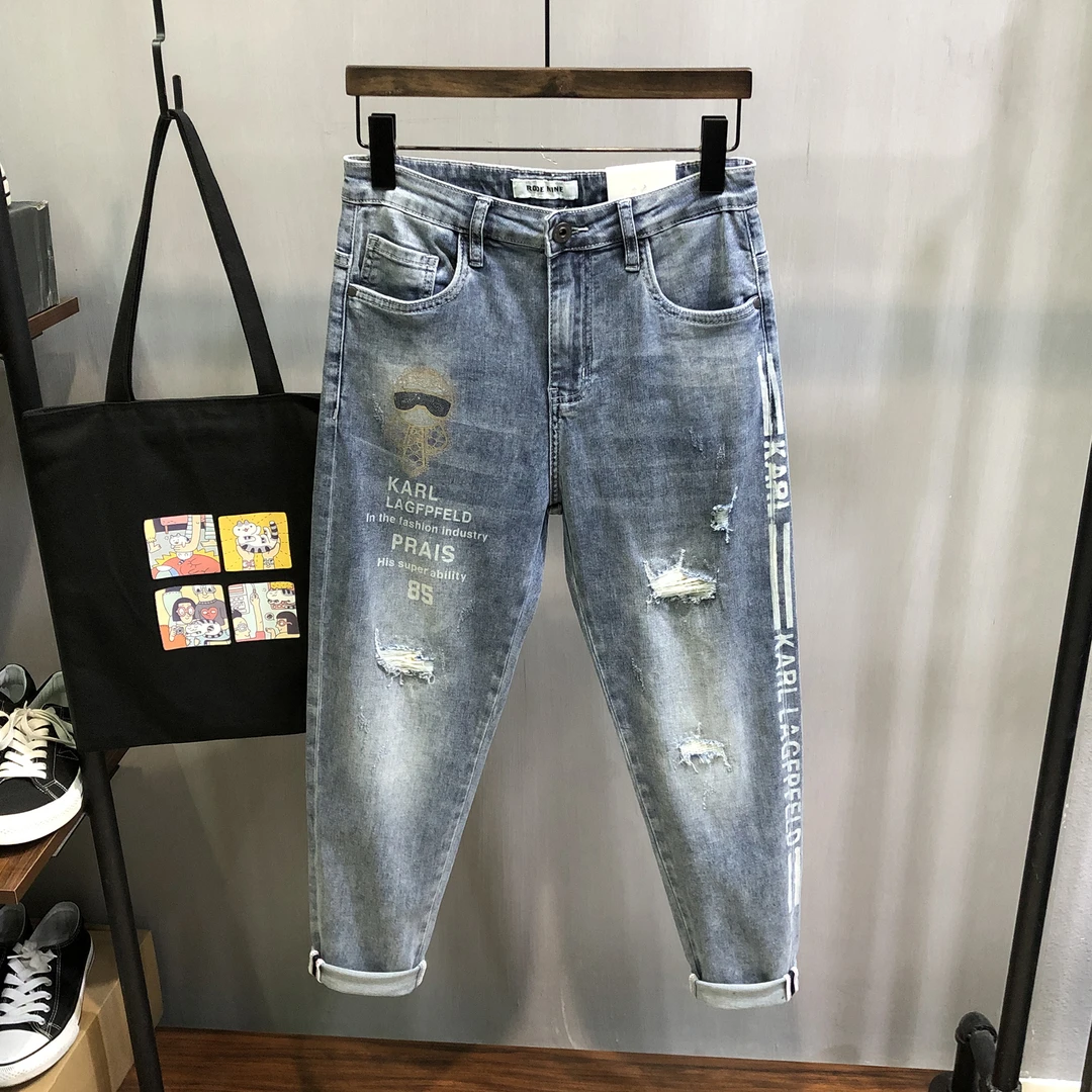 （九分）烫钻破洞潮流男士牛仔裤印花修身小脚夏季薄款弹力百搭裤子