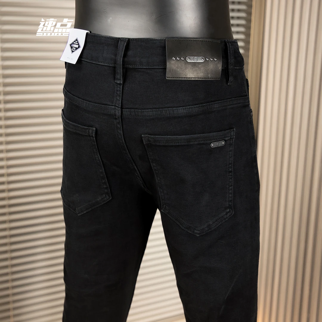 （长裤）黑色牛仔裤男士秋冬款破洞修身小脚潮牌耐磨弹力休闲裤子男