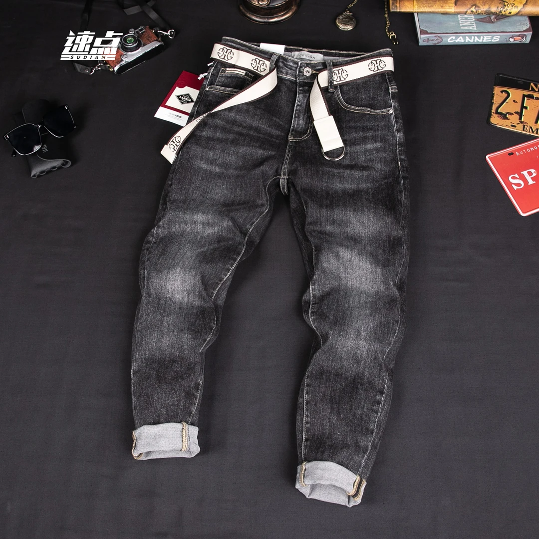 （长裤）黑色牛仔裤男秋季新款韩版潮流百搭中腰修身小脚水洗裤子男