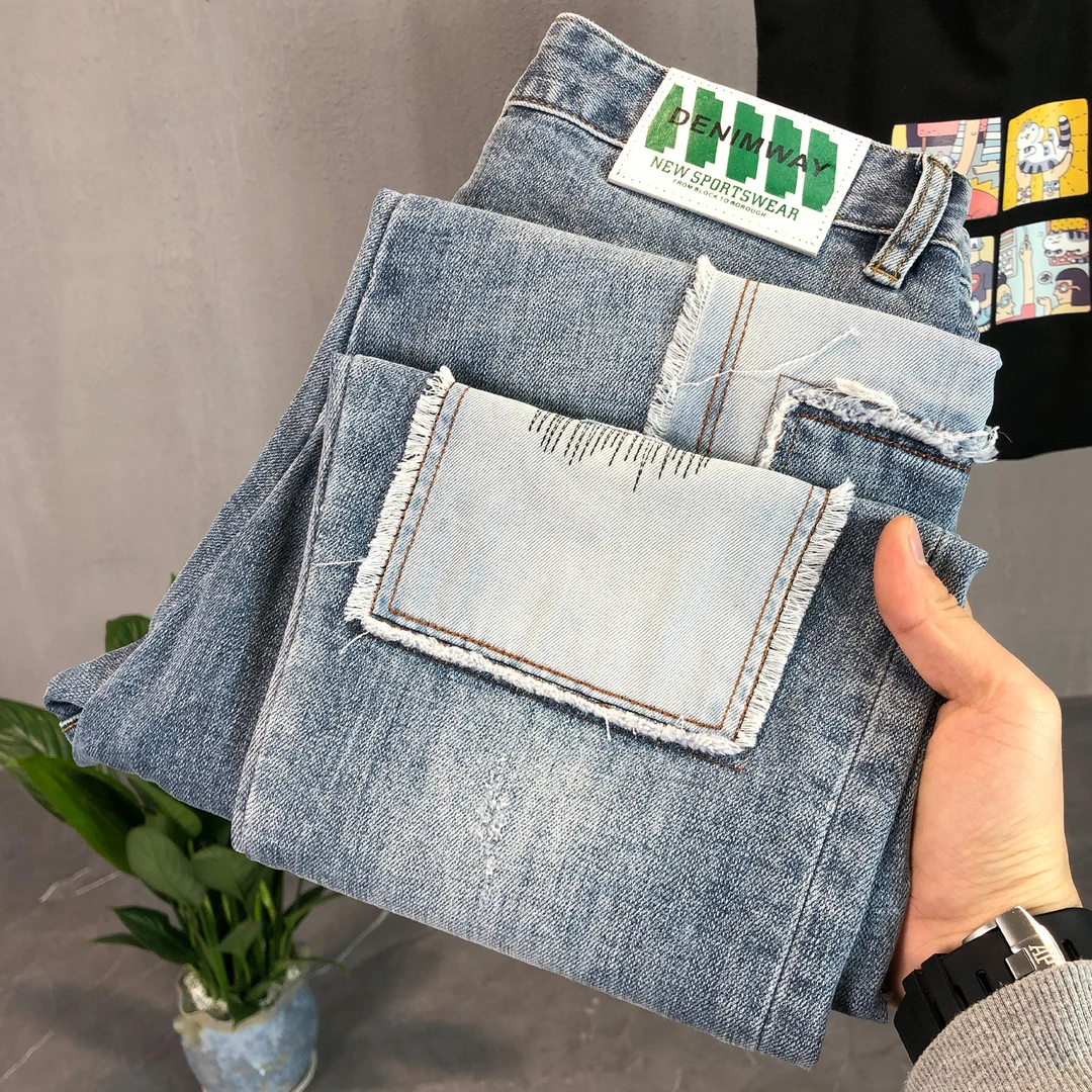 （长裤）撞色拼接浅色牛仔裤男款潮牌微弹补丁春秋款修身小脚裤子