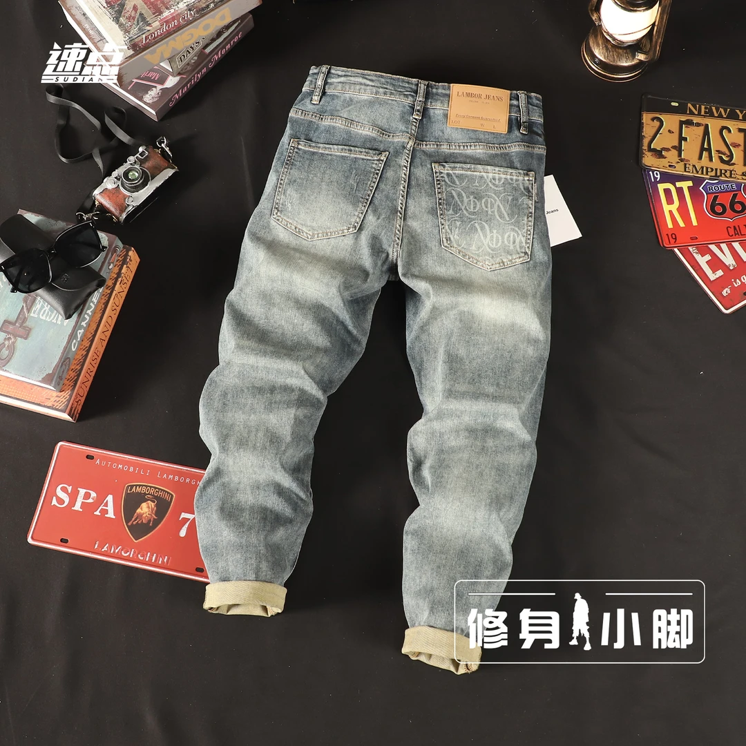 （九分）港风复古浅色九分牛仔裤男春季新款潮牌印花弹力修身小脚裤