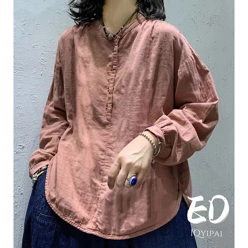 春秋新款文艺宽松大码白色衬衫女纯色休闲套头衬衣纯棉上衣长袖