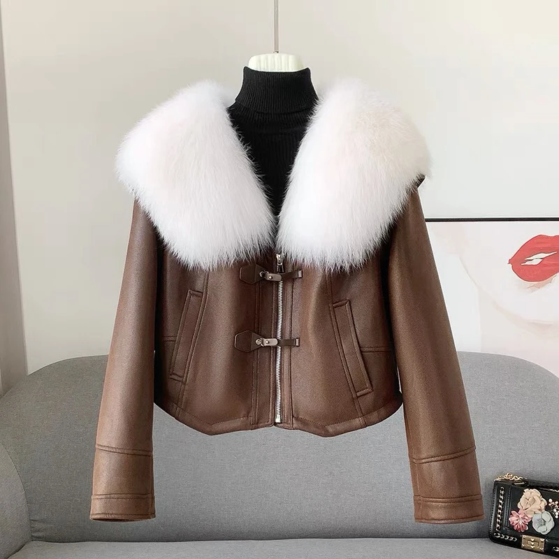 精选034款全真狐狸毛领短款加绒皮衣冬季保暖女士时尚厚外套