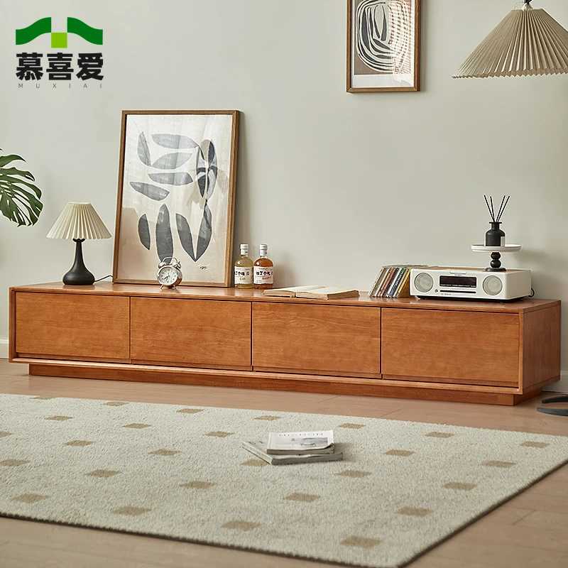 落地全实木电视柜樱桃木色客厅矮抽屉柜极简原木风储物柜家用