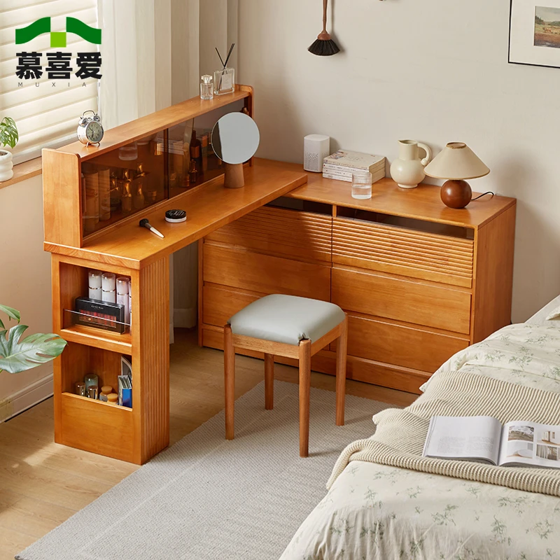 家用全实木梳妆台斗柜一体樱桃木色日式可伸缩书桌转角化妆台简约