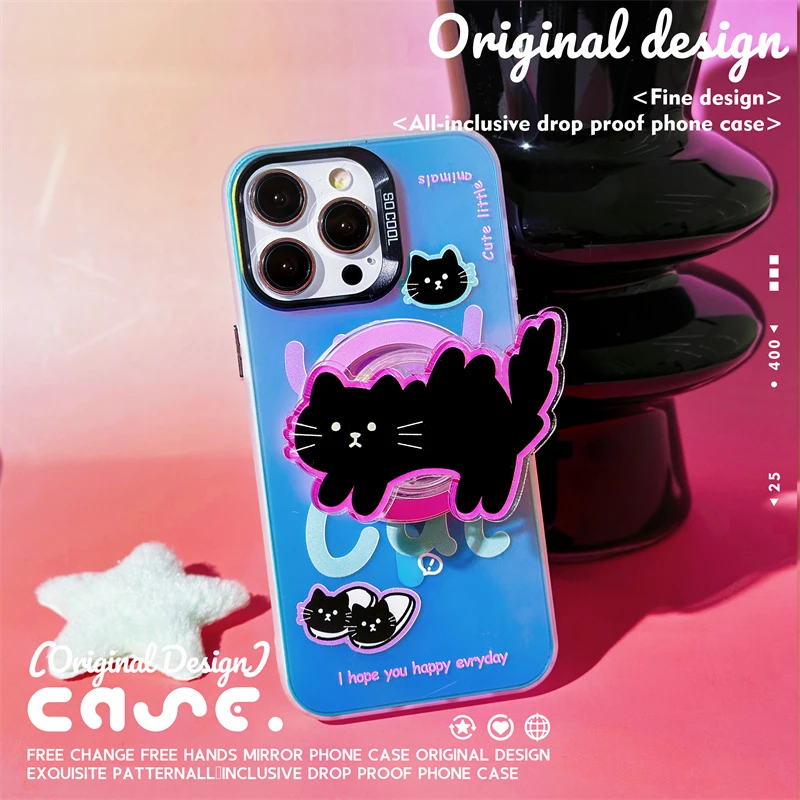 惊吓猫iPhone保护套华为可爱卡通渐变少女电镀镭射苹果支架磁吸壳