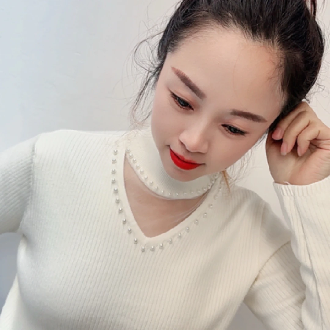 温柔风钉珠针织加厚上衣网纱镂空显瘦气质女装