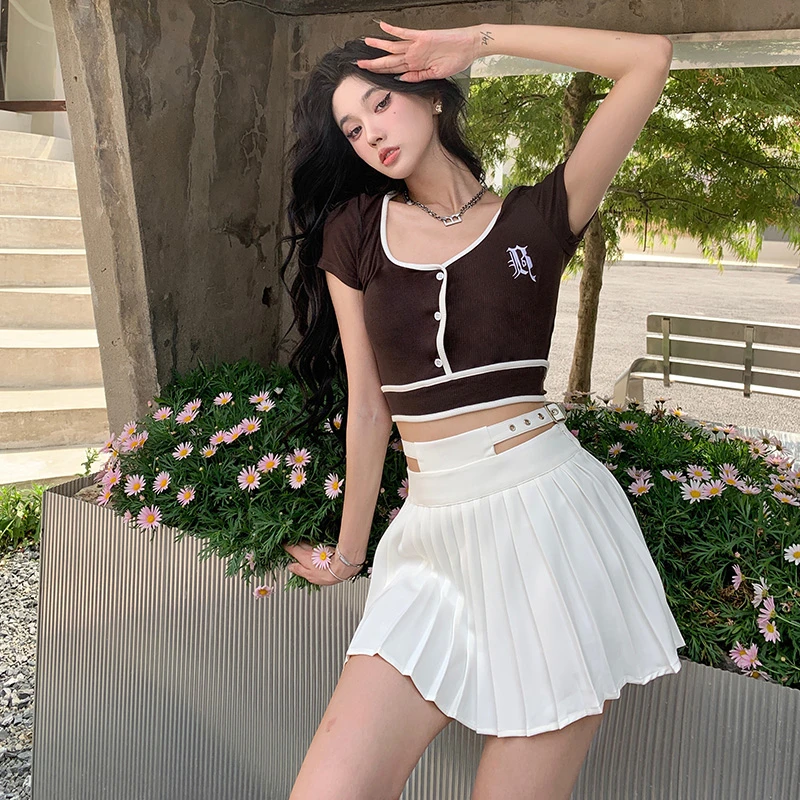 OBGD 原创设计师白色纯欲辣妹风拼接腰带小A百褶半身裙 C29