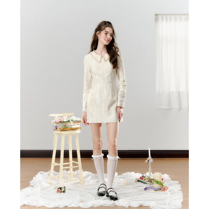 OBGD 韩系富家千金穿搭收腰长袖连衣裙辣妹香槟色显瘦A字裙 ON064