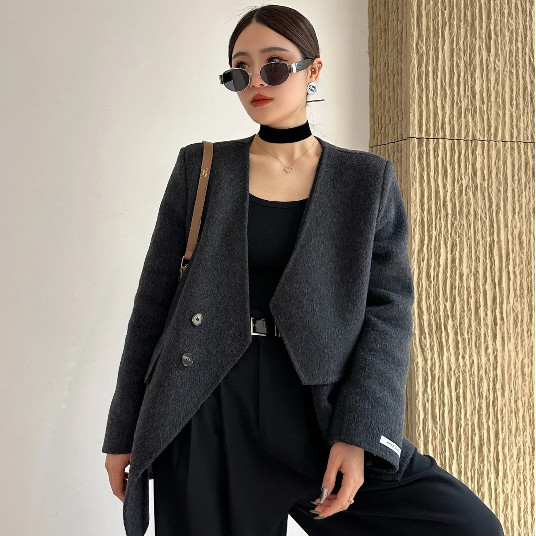 【今朝雪纷飞】2024新款大衣炭黑色短大衣气质百搭秋冬