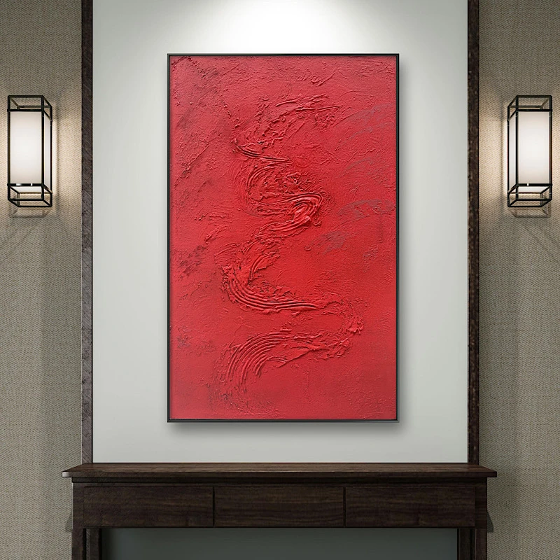 原创凹凸立体装饰画《一路长红》油画玄关挂画别墅挂画客厅挂画定制