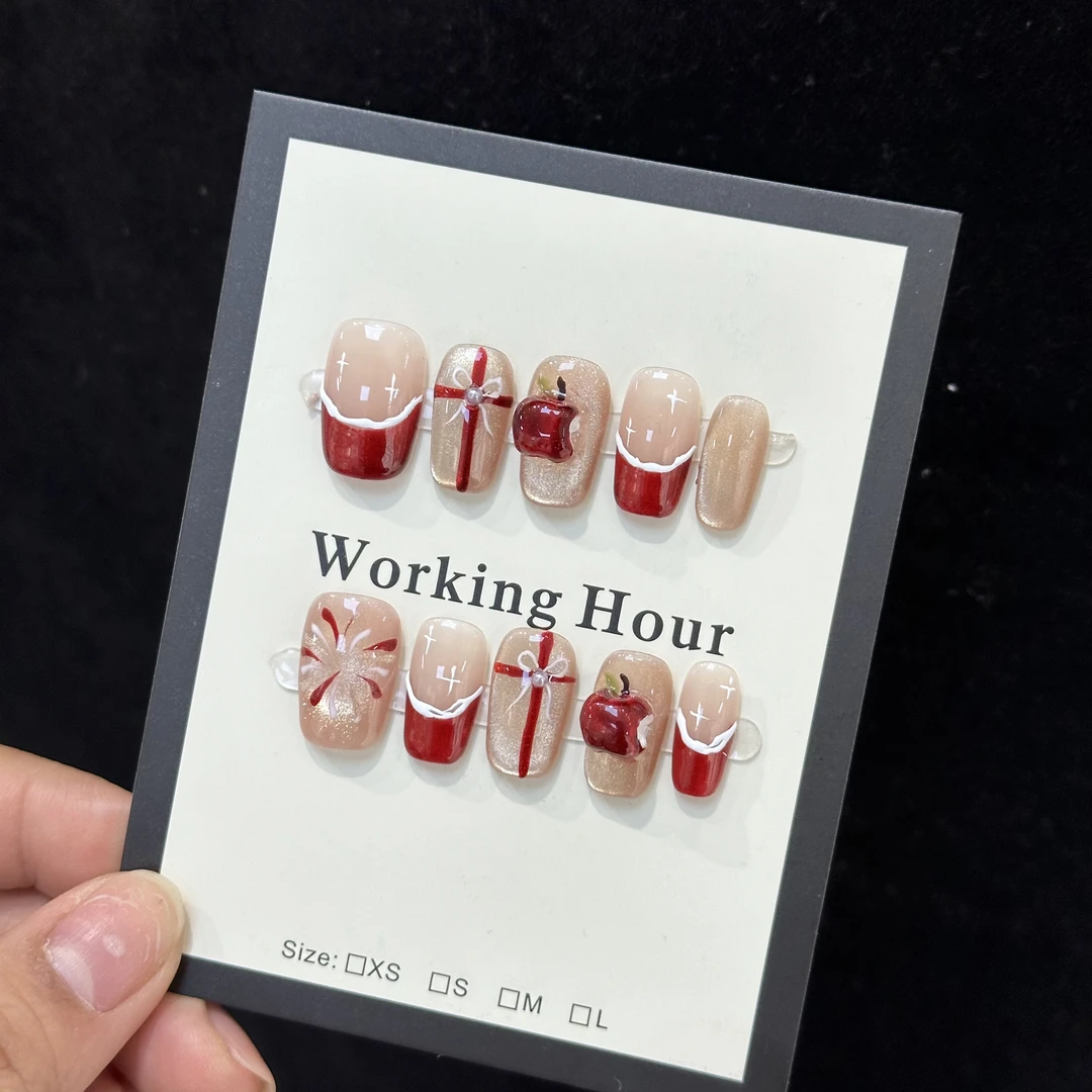 纯手工蝴蝶结圣诞树穿戴甲秋冬美甲必备平安果