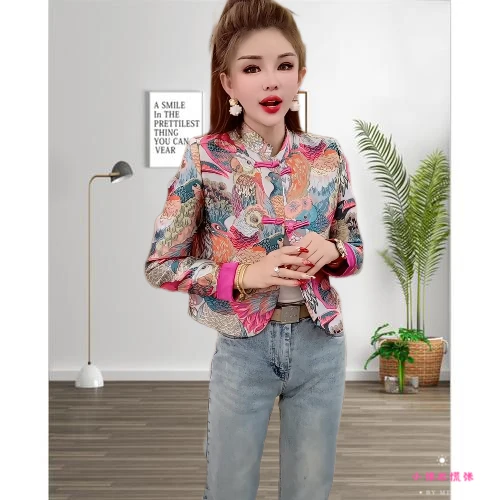 新款时尚洋气修身复古碎花国潮风刺绣盘扣外套中式气质长袖印花