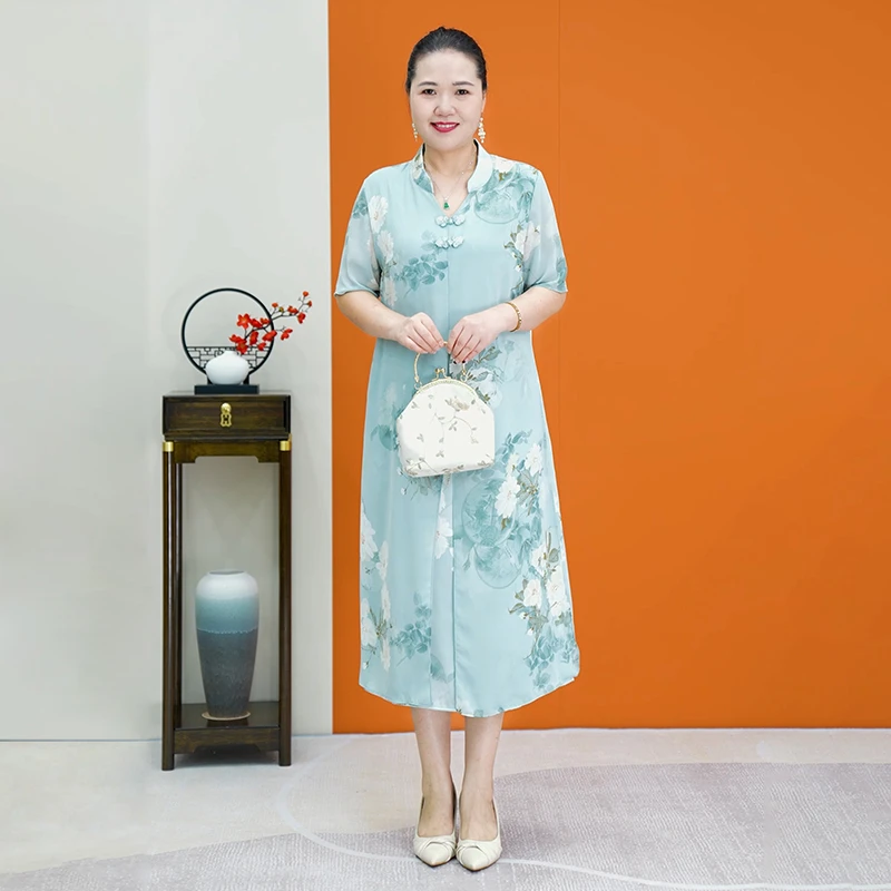 时尚气质国风优雅夏季连衣裙中长款盘扣复古薄款宽新中式印花宽松
