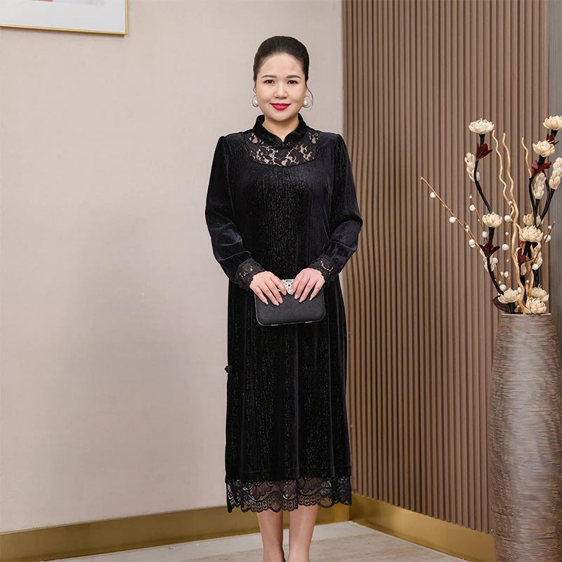 时尚妈妈装大码连衣裙蕾丝气质显瘦高贵复古秋冬中长款金丝绣花裙