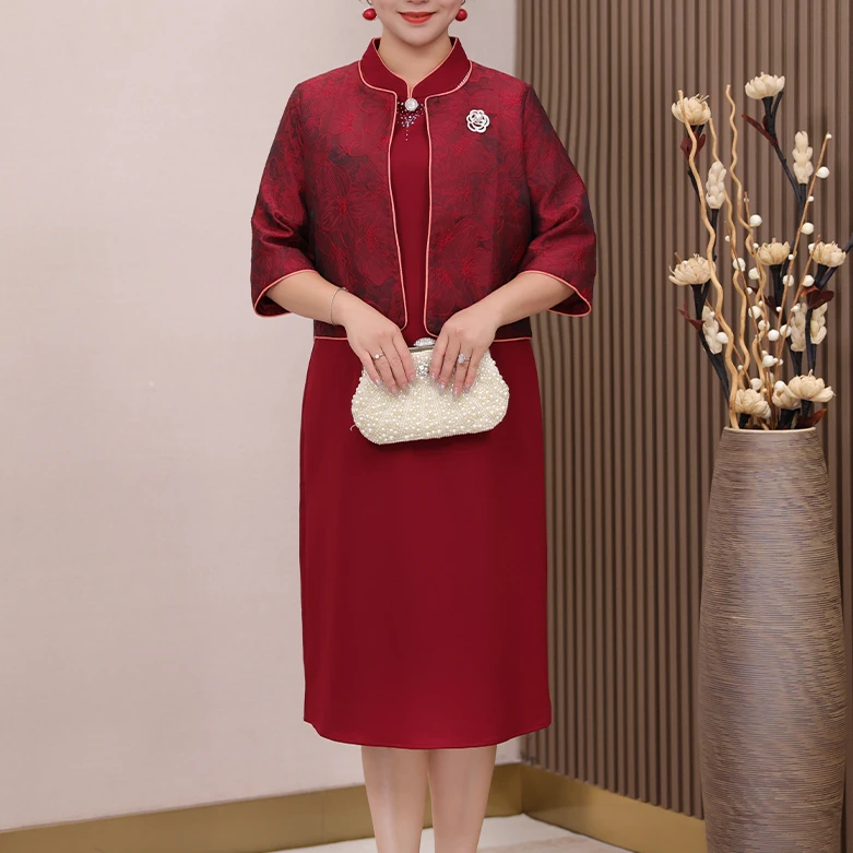 喜庆红色连衣裙套装礼服结婚妈妈喜服婚宴喜婆婆婚礼订婚裙子大码