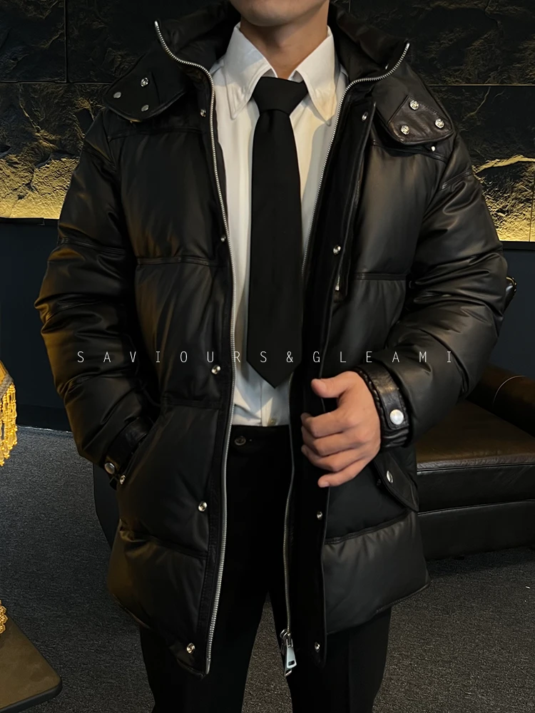 男士商务真皮绵羊皮鹅绒服长款防风休闲连帽加绒冬季外套Z-8806