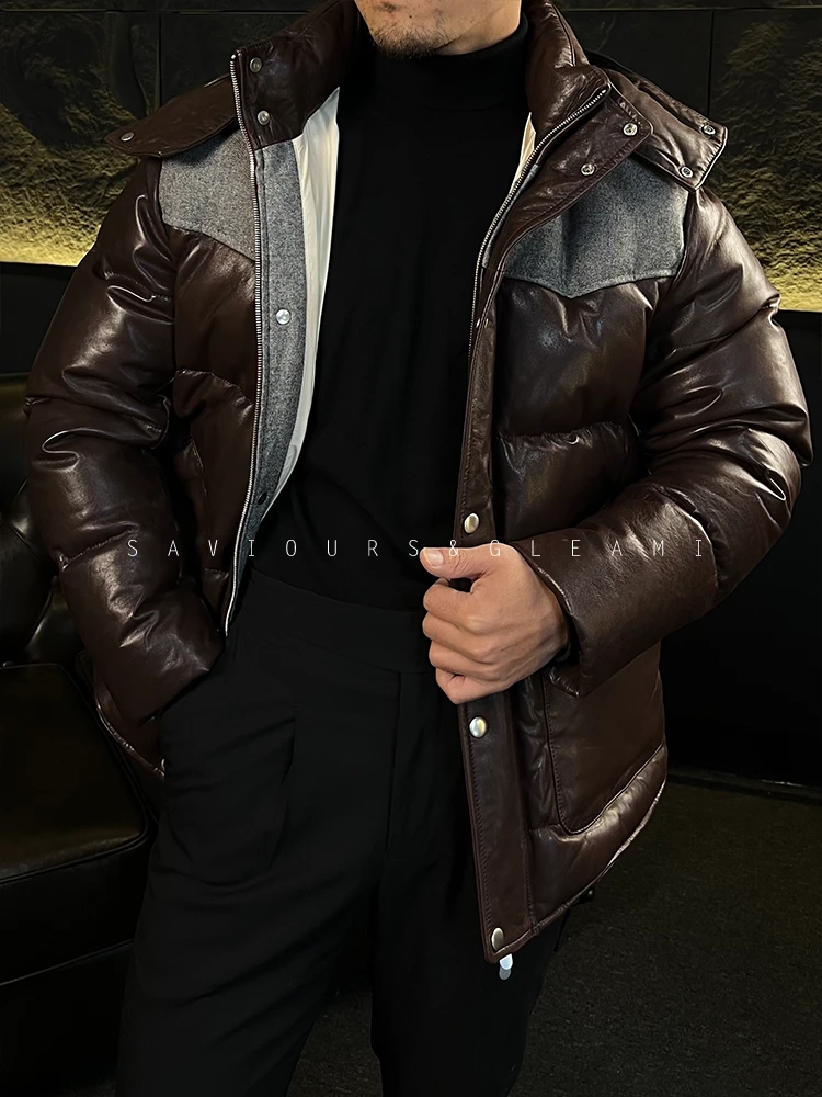 男款冬季真皮绵羊皮鹅绒服羽绒服防风连帽加绒冬季保暖外套8167