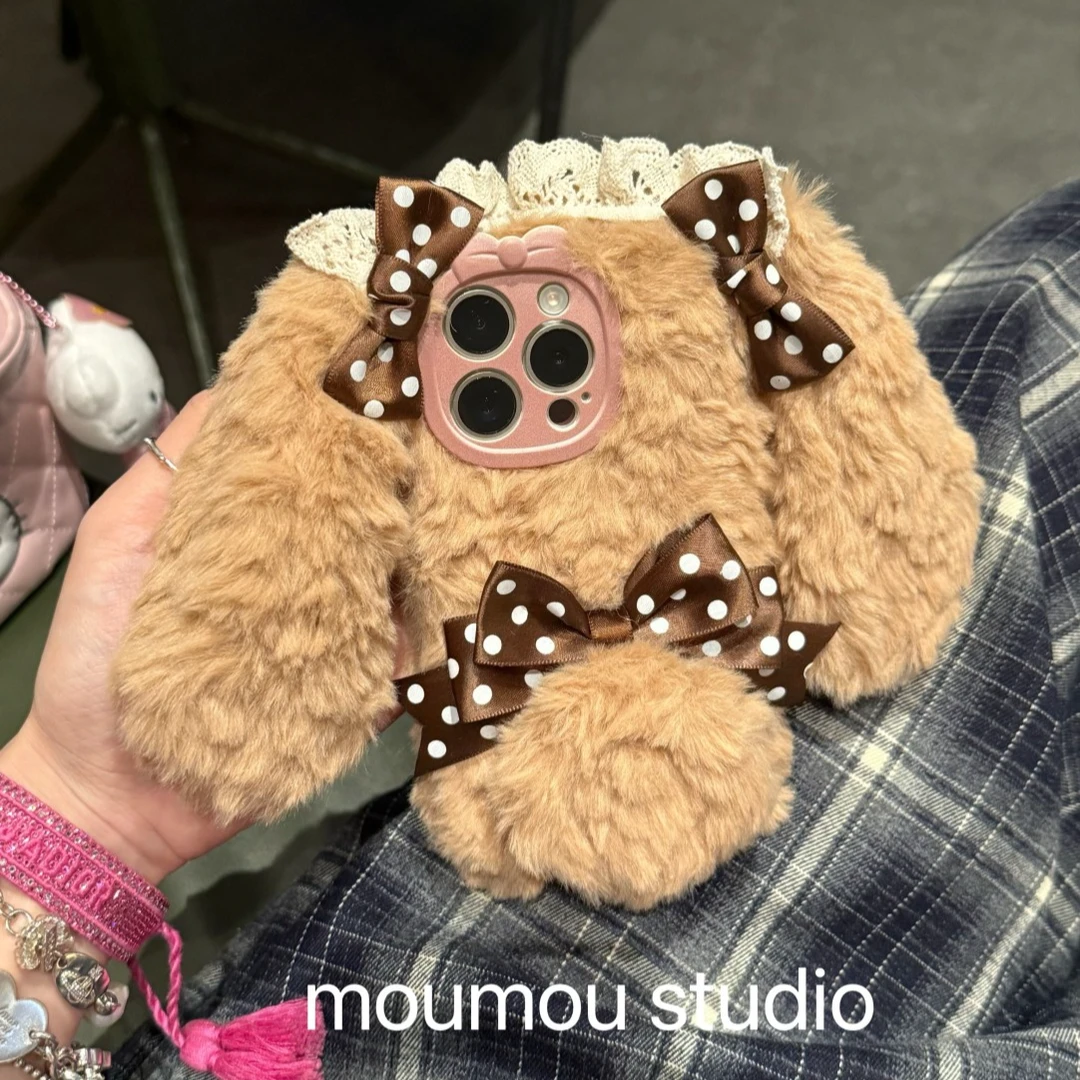 秋冬毛绒蝴蝶结长耳兔子适用苹果16手机壳15promax小众14少女心13