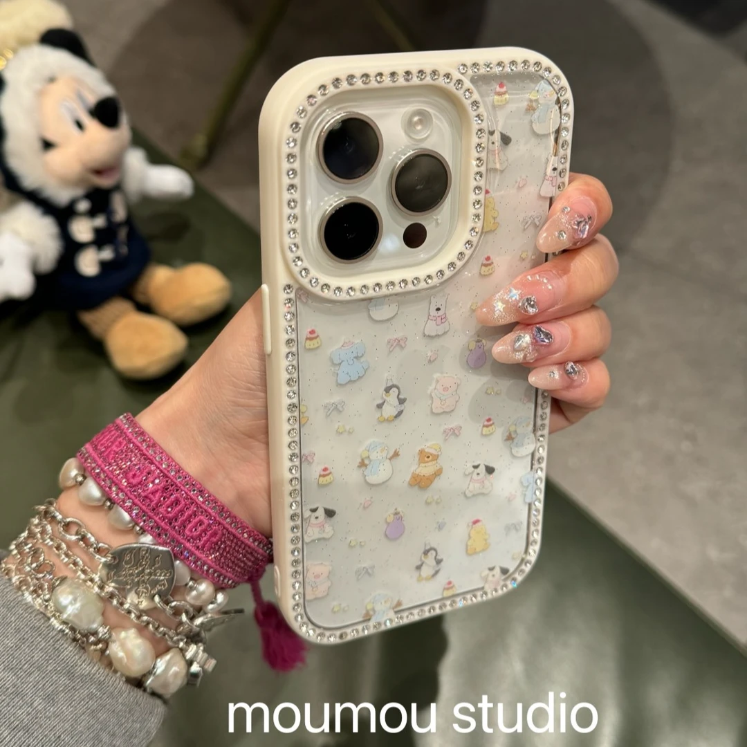 边框点钻满屏卡通小动物适用苹果16手机壳15可爱14promax少女心13