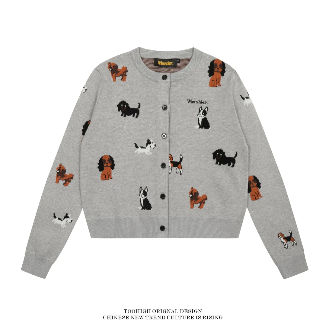 TOOHIGH 针织衫开衫美式小狗提花温柔风短款外套女秋季显瘦短毛衣