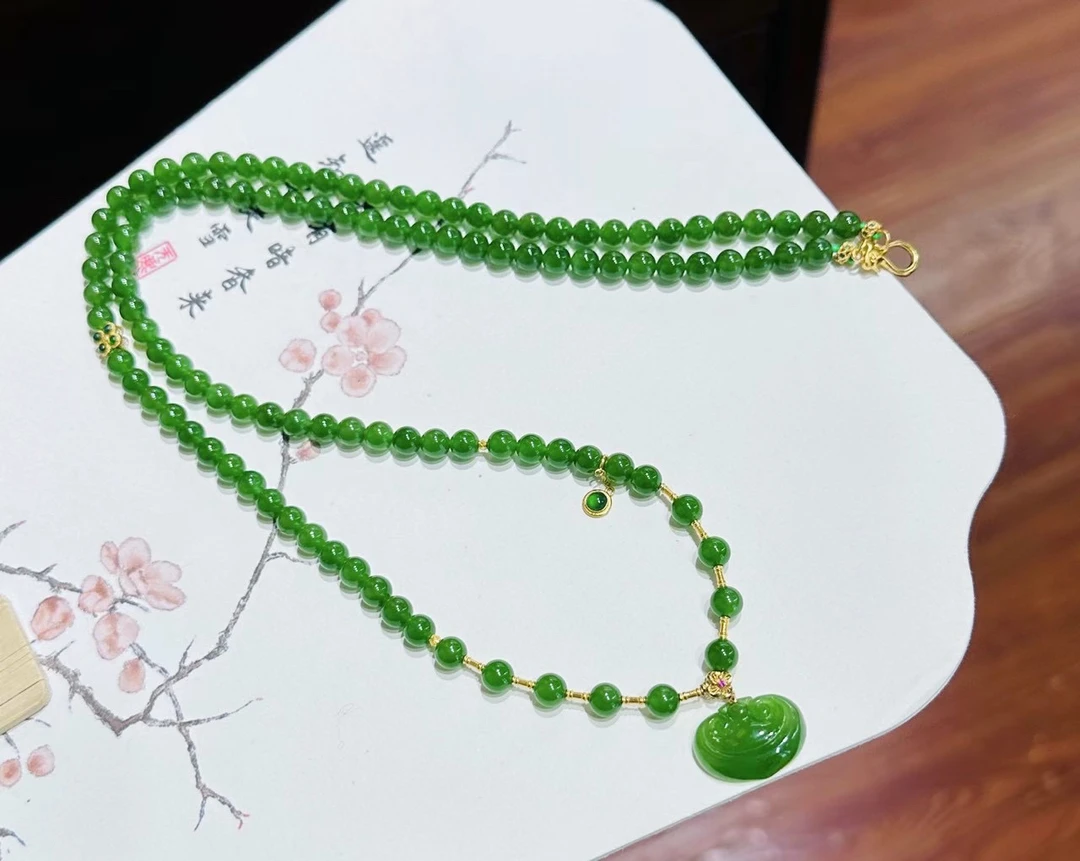 和田玉碧玉项链，老坑·辣绿·18k金 精品