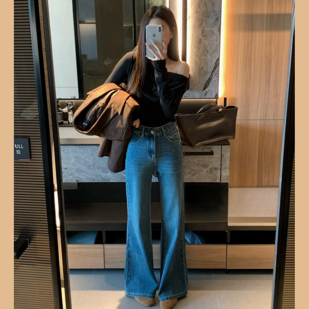 复古高腰四面弹牛仔喇叭长裤女秋季时尚韩版设计感宽松显瘦筒喇裤