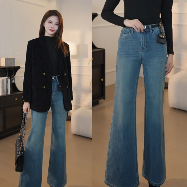 复古高腰时尚休闲牛仔喇叭长裤女秋冬韩版宽松显瘦弹力筒喇裤