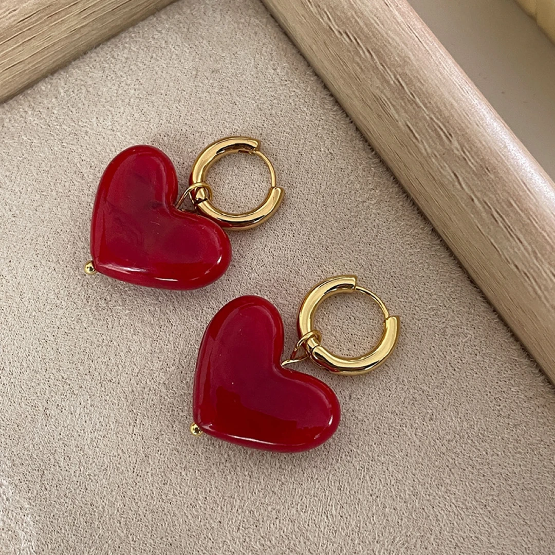 铜合金耳饰 法式复古红色爱心大耳坠耳饰
