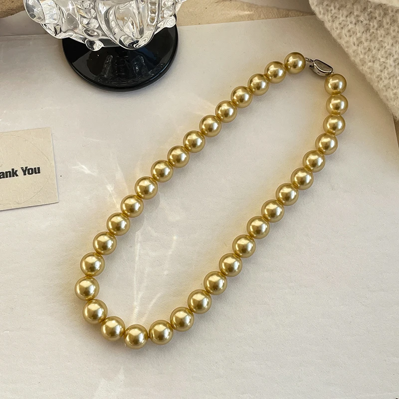 铜合金吊坠 法式复古施家金色饰品气质仿珍珠项链元宝扣锁骨链