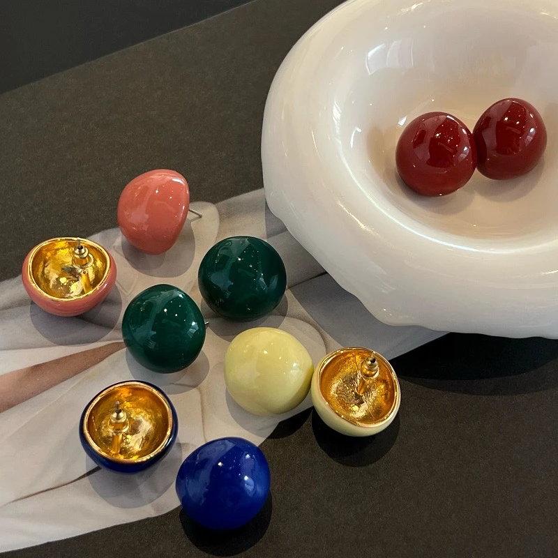 铜合金耳饰 法式复古百搭糖果色珐琅彩馒头耳钉半球小众设计耳饰