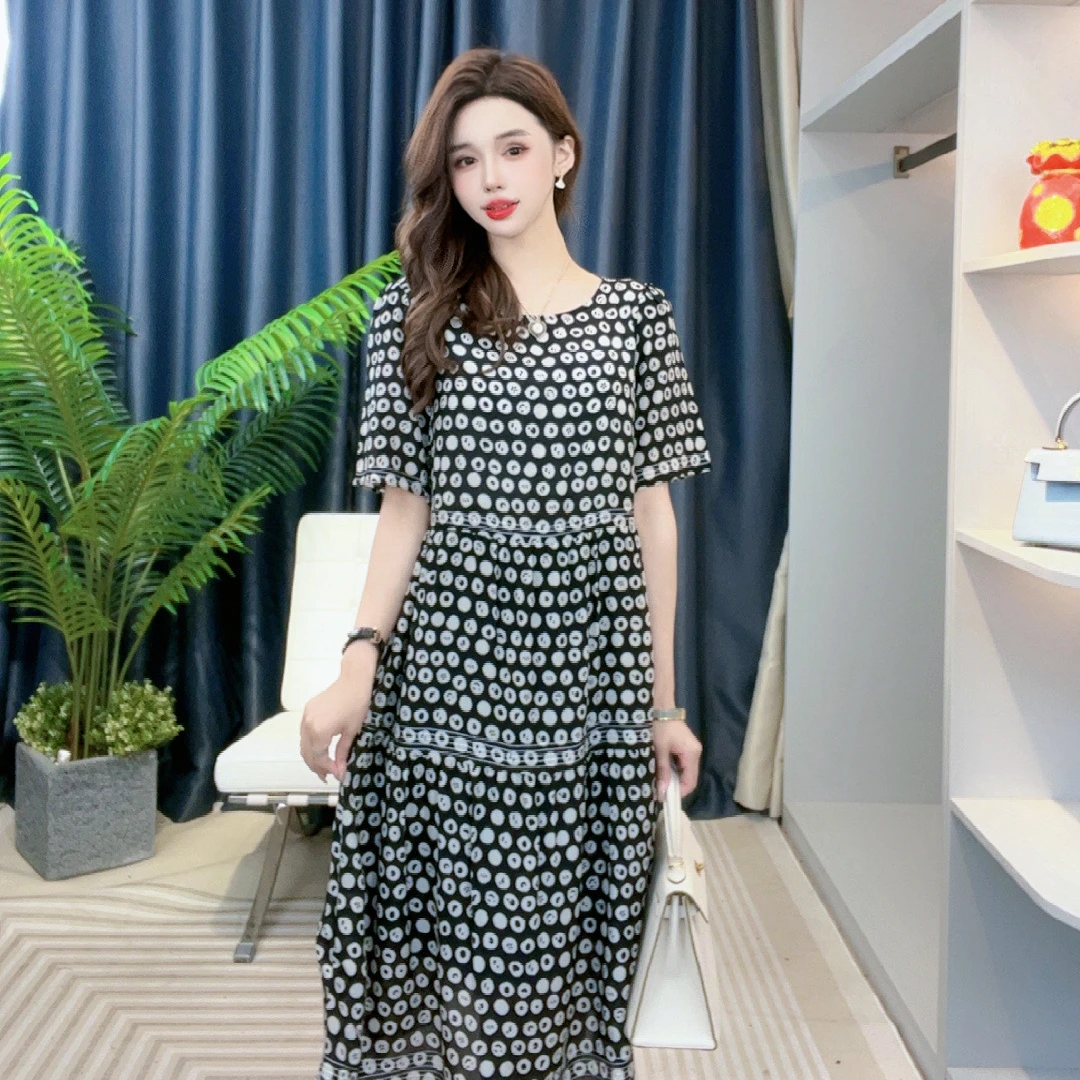 气质圆领波点连衣裙74129碎花显瘦高腰洋气